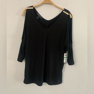 NEW INC INTERNATIONAL BLACK 1/4 SLEEVE BLOUSE SIZE: PETITE LARGE
